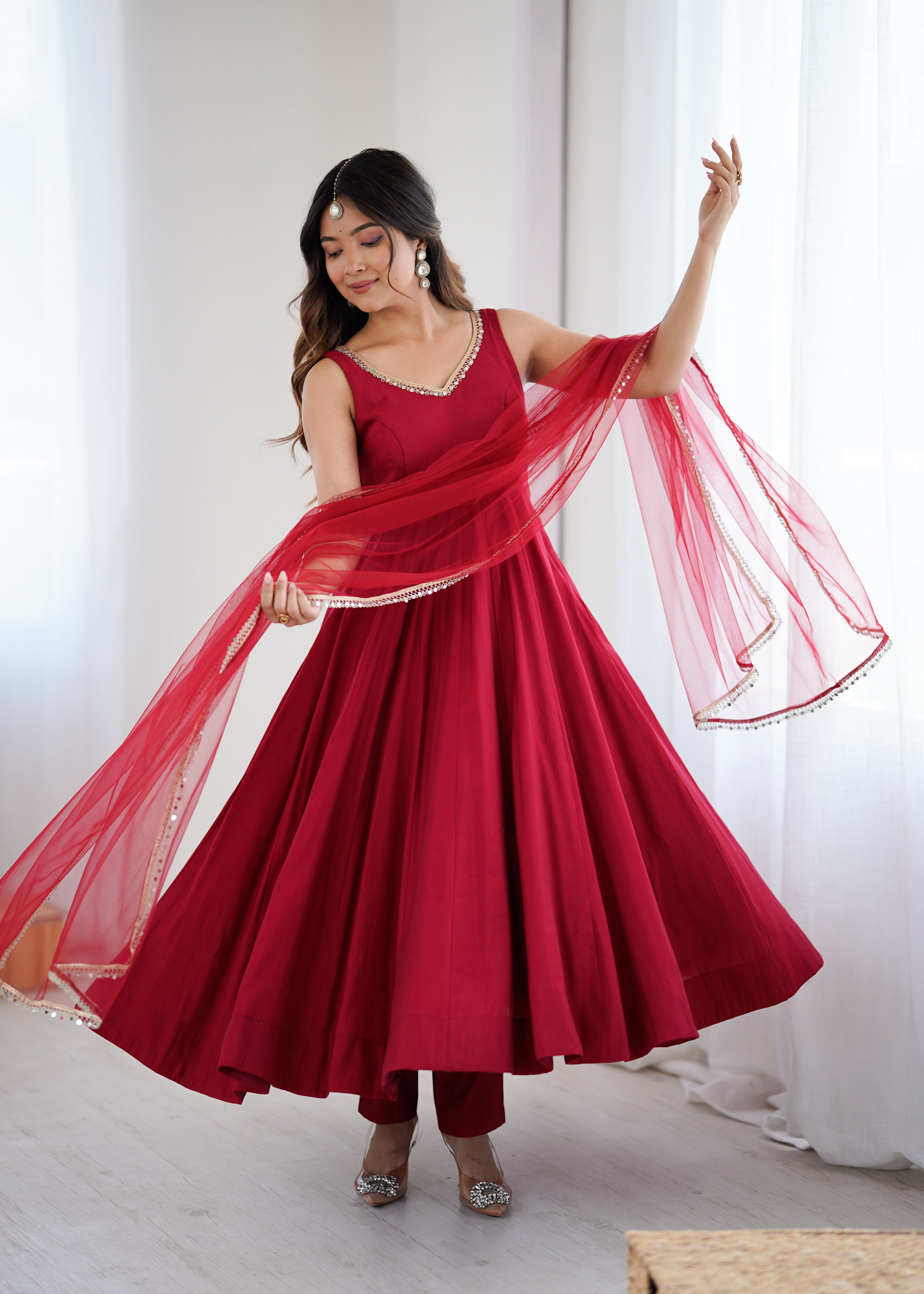 Premium Pure Romansilk Chanderi 4 Meter Flared Anarkali Gown Set