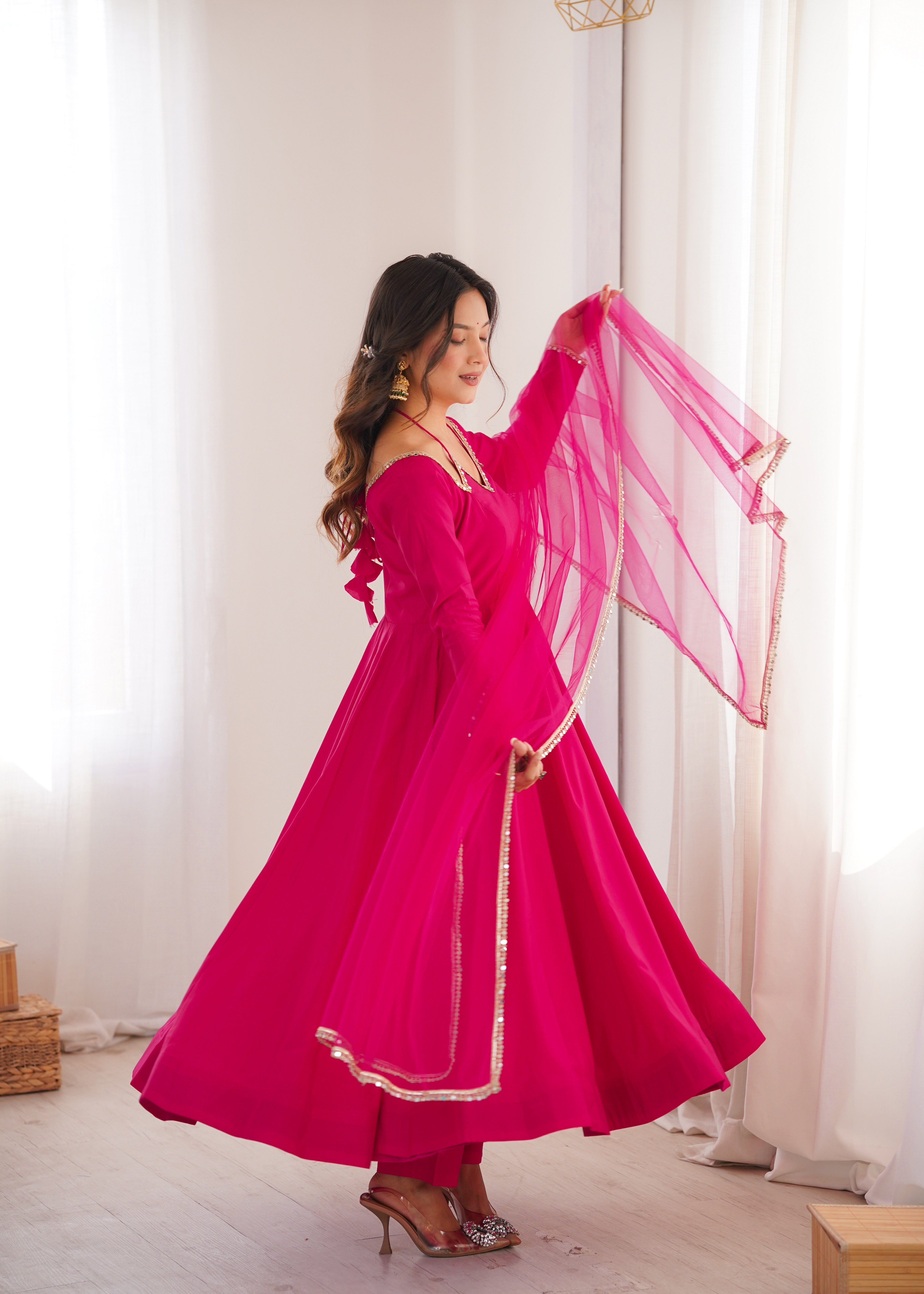 Premium Roman Silk Chanderi Anarkali Gown Set with Dupatta & Pant