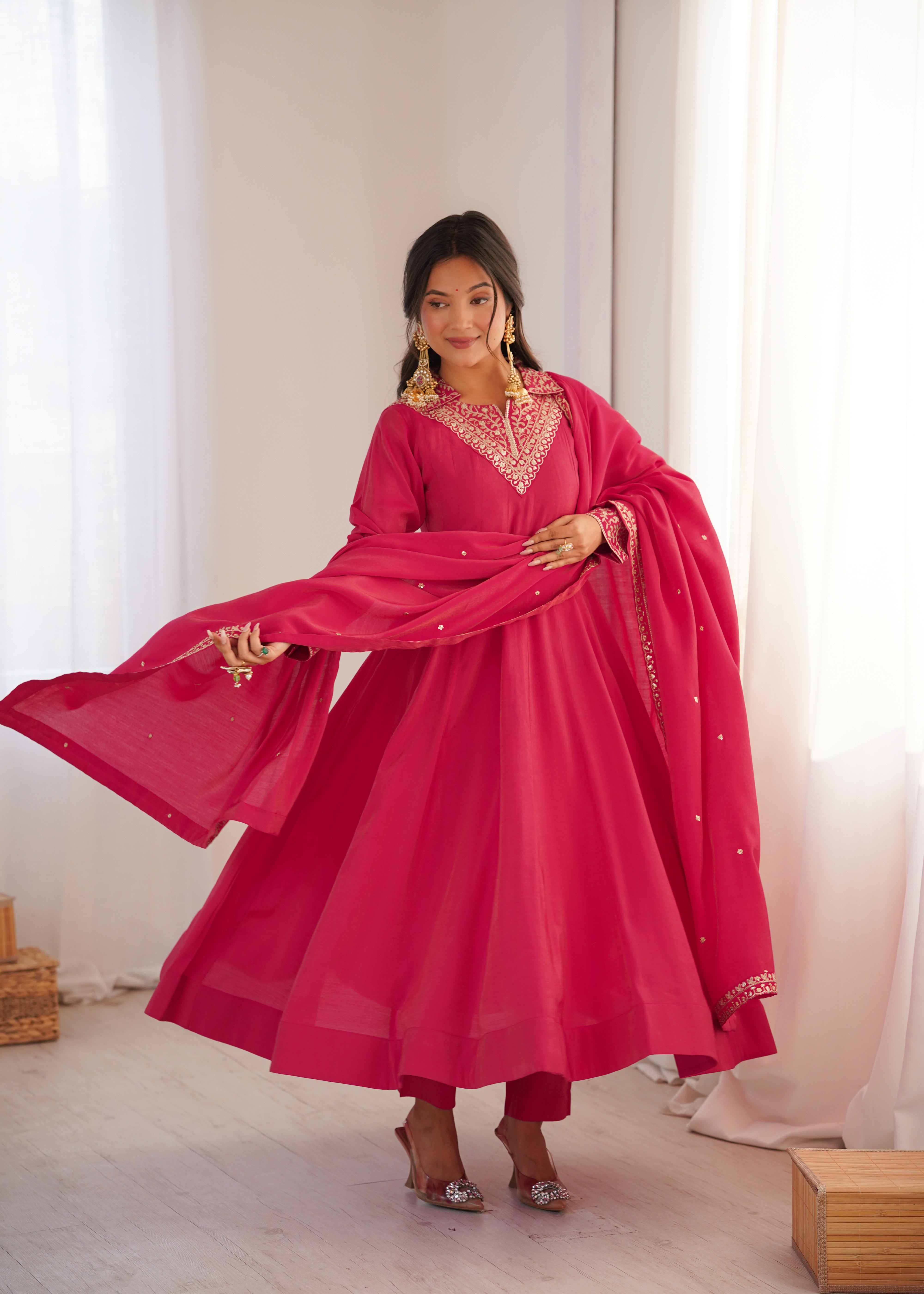 Premium Pure Roman Shimmer Silk Fully Flared Anarkali Gown Set