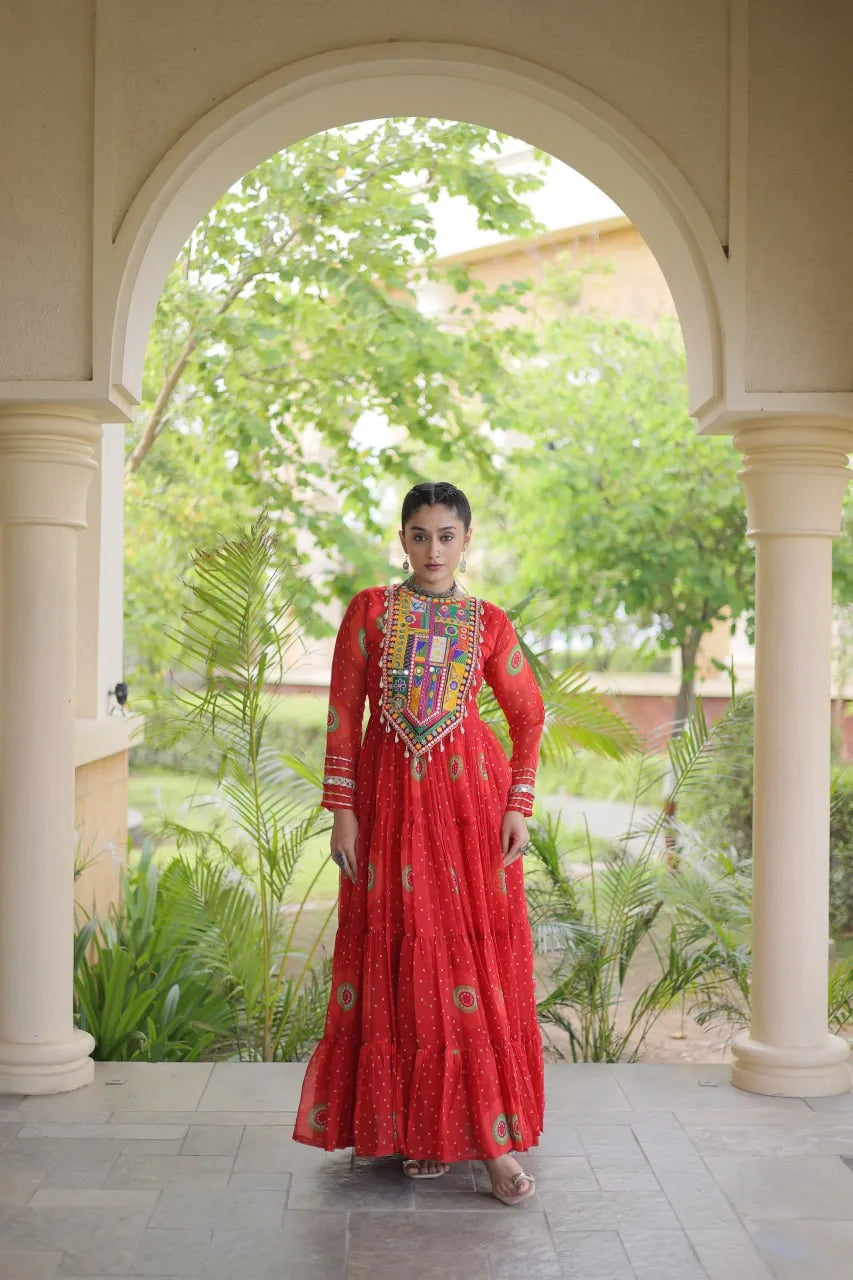 Premium Faux Georgette Navratri Gown with Bandhani Print & Kutchi Patchwork