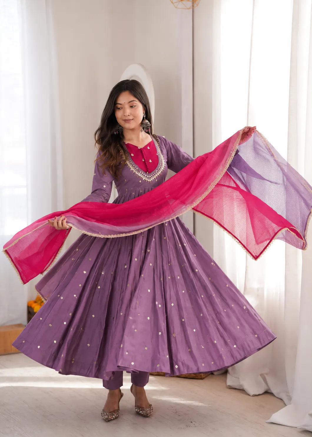 Premium Roman Silk Anarkali Gown with Embroidery, Sequin & Real Mirror Work