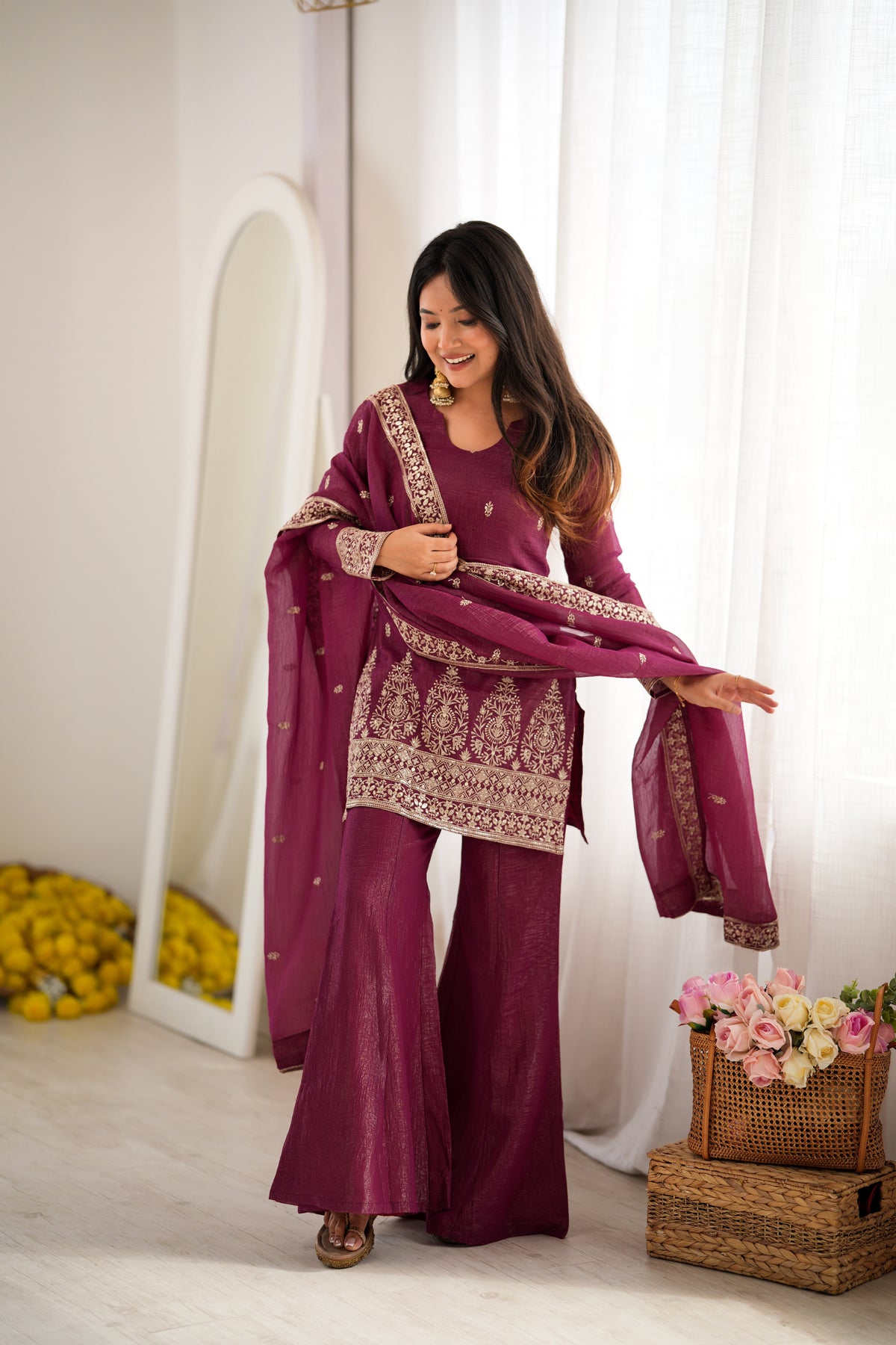 Premium Crunchy Silk Top & Bell Bottom Pant Set with Embroidery, Sequin & Jari Work