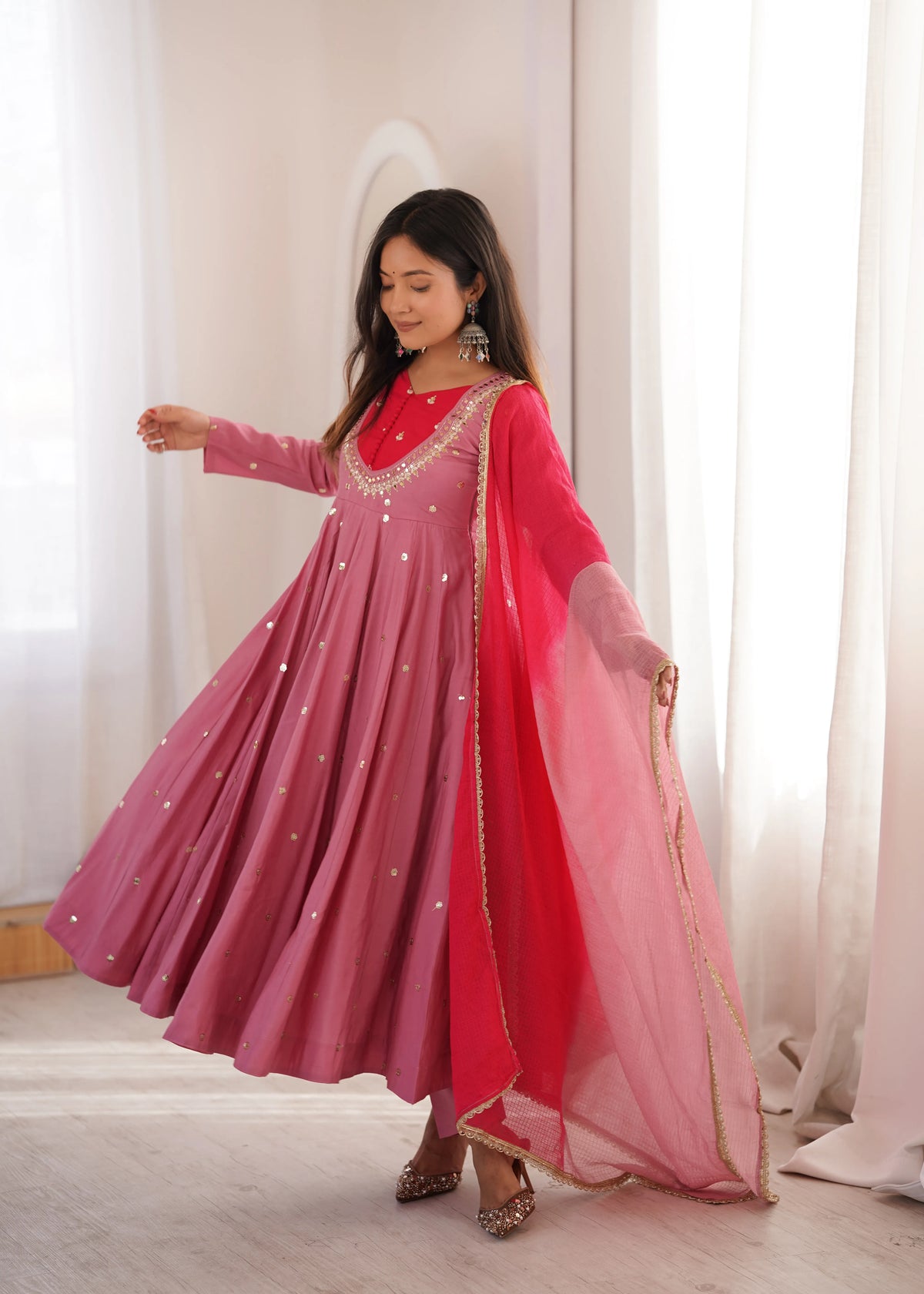 Premium Roman Silk Anarkali Gown with Embroidery, Sequin & Real Mirror Work