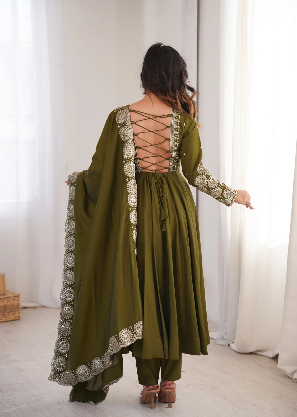Premium Roman Silk Anarkali Gown with Embroidery & Sequin Work