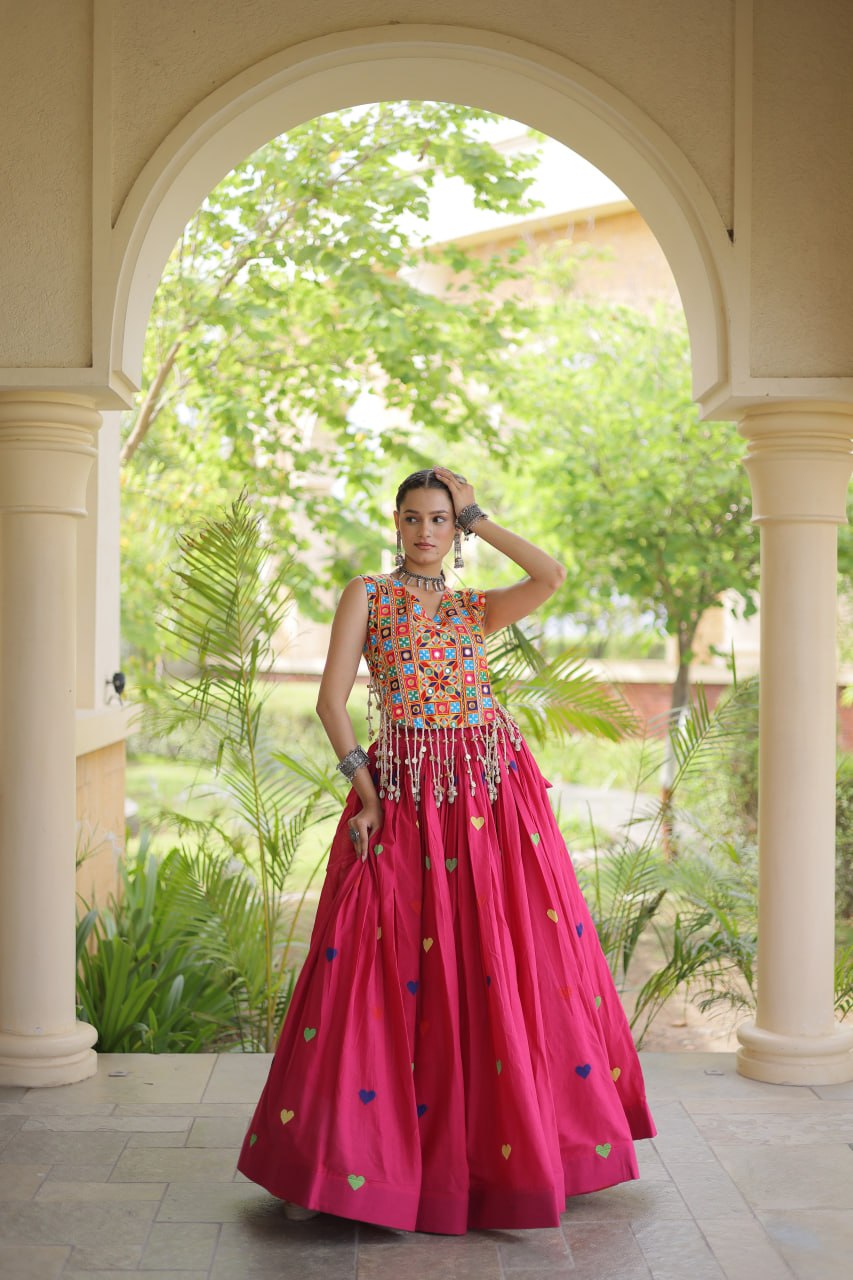 Premium Cora Cotton Navratri Lehenga Choli with Heart Thread Embroidery & Gamthi Mirror Work