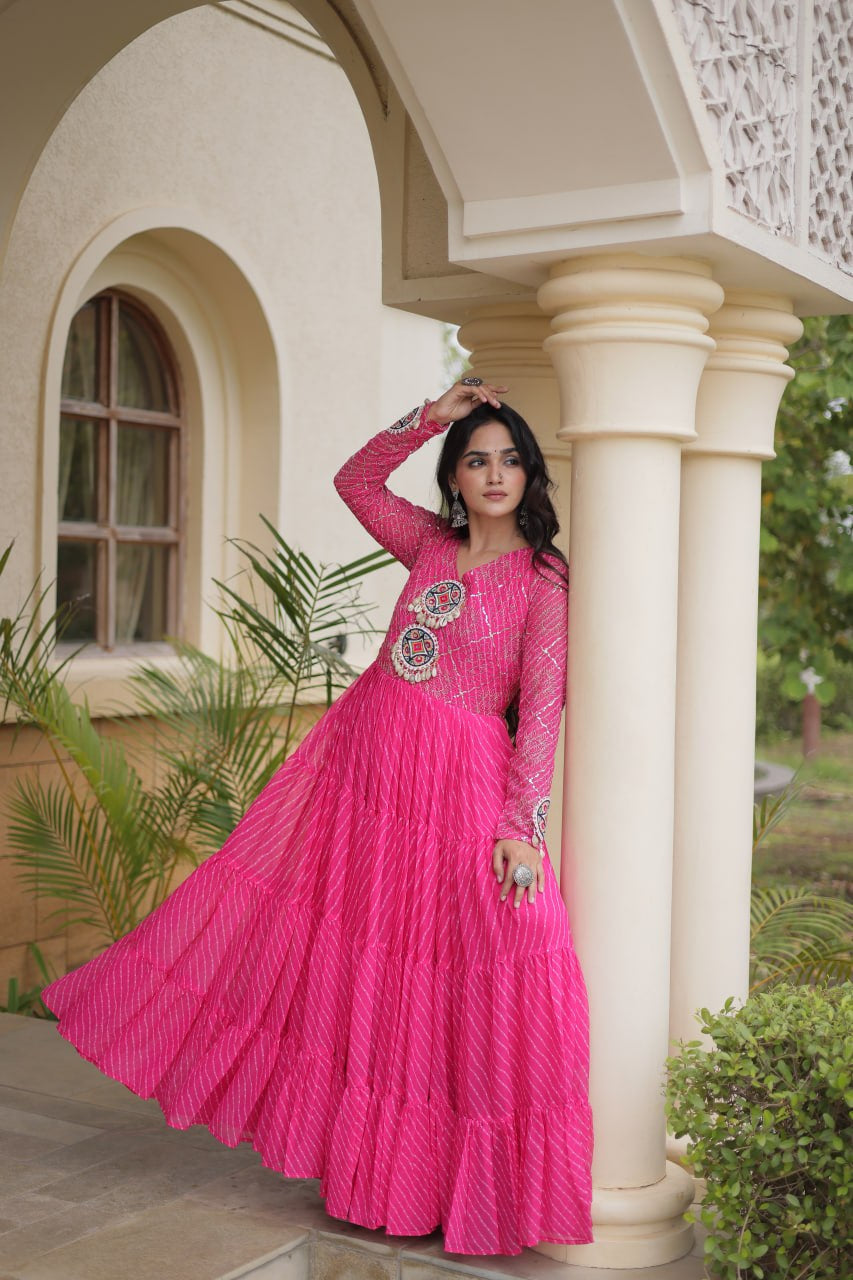 Premium Faux Georgette Navratri Gown with Laheriya Print & Kutchi Patchwork