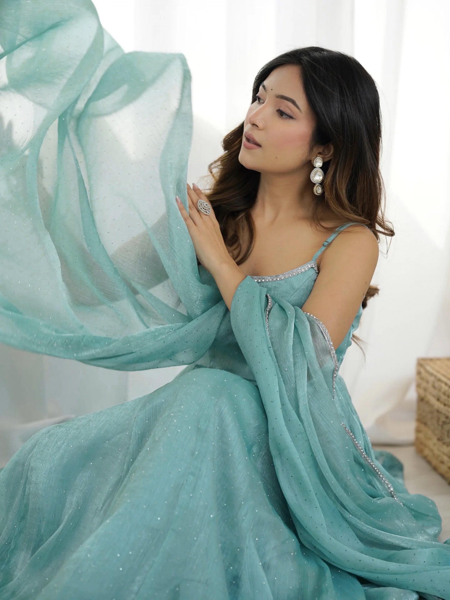 Premium Crunchy Silk Anarkali Gown Set with SiroSki Work, Dupatta & Pant