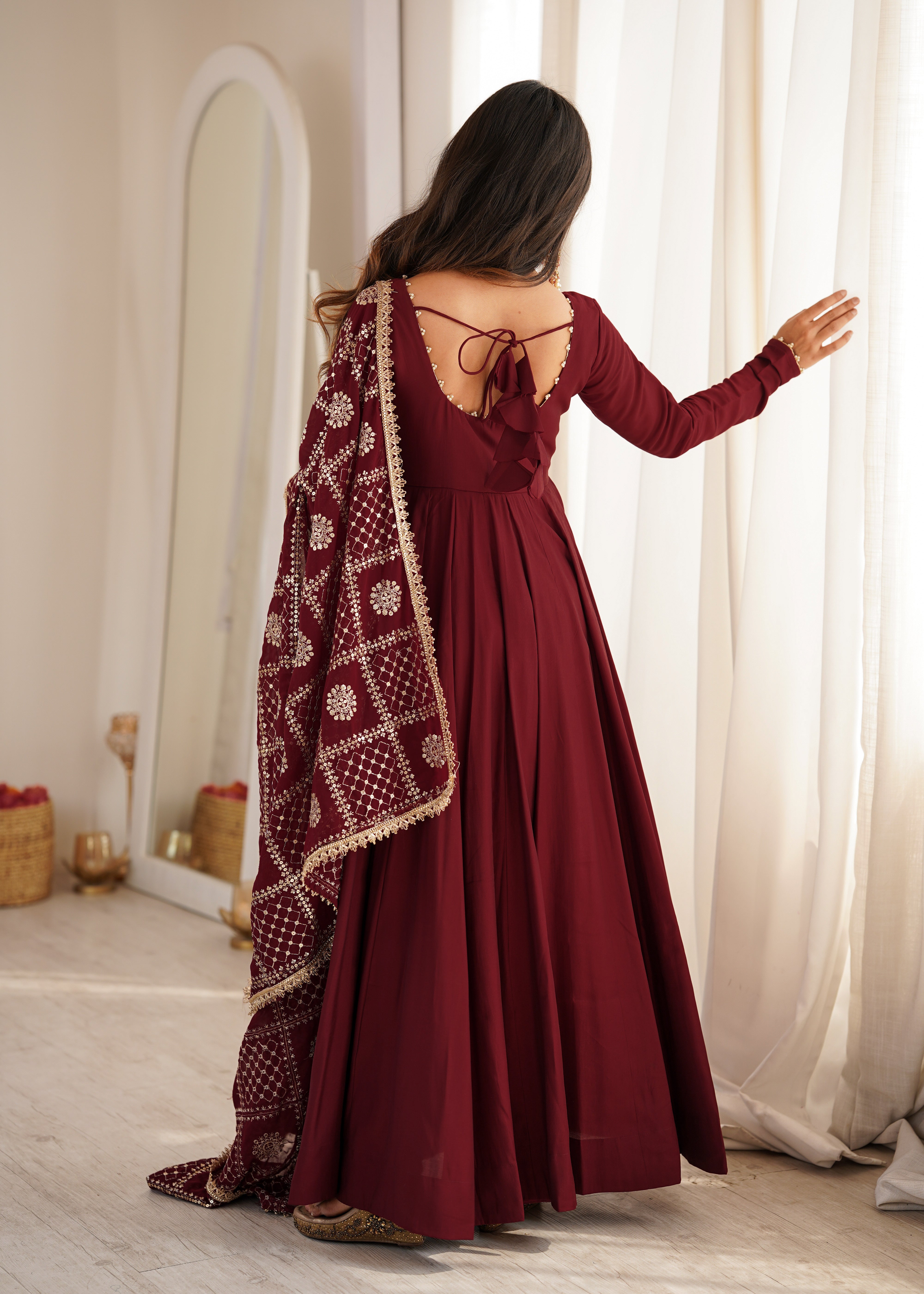 Premium Pure Romansilk Chanderi Fully Flared Anarkali Gown Set
