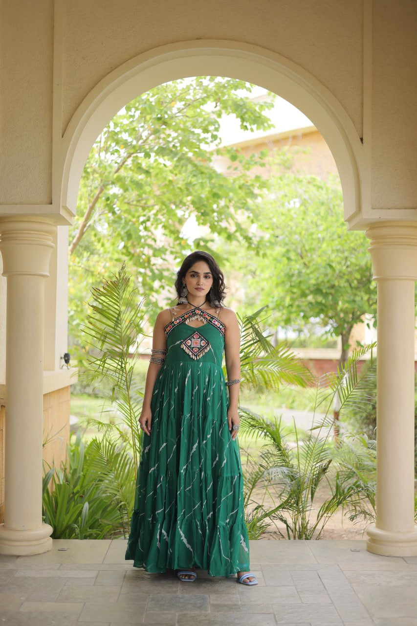 Premium Faux Georgette Navratri Gown with Laheriya Print & Kutchi Patchwork