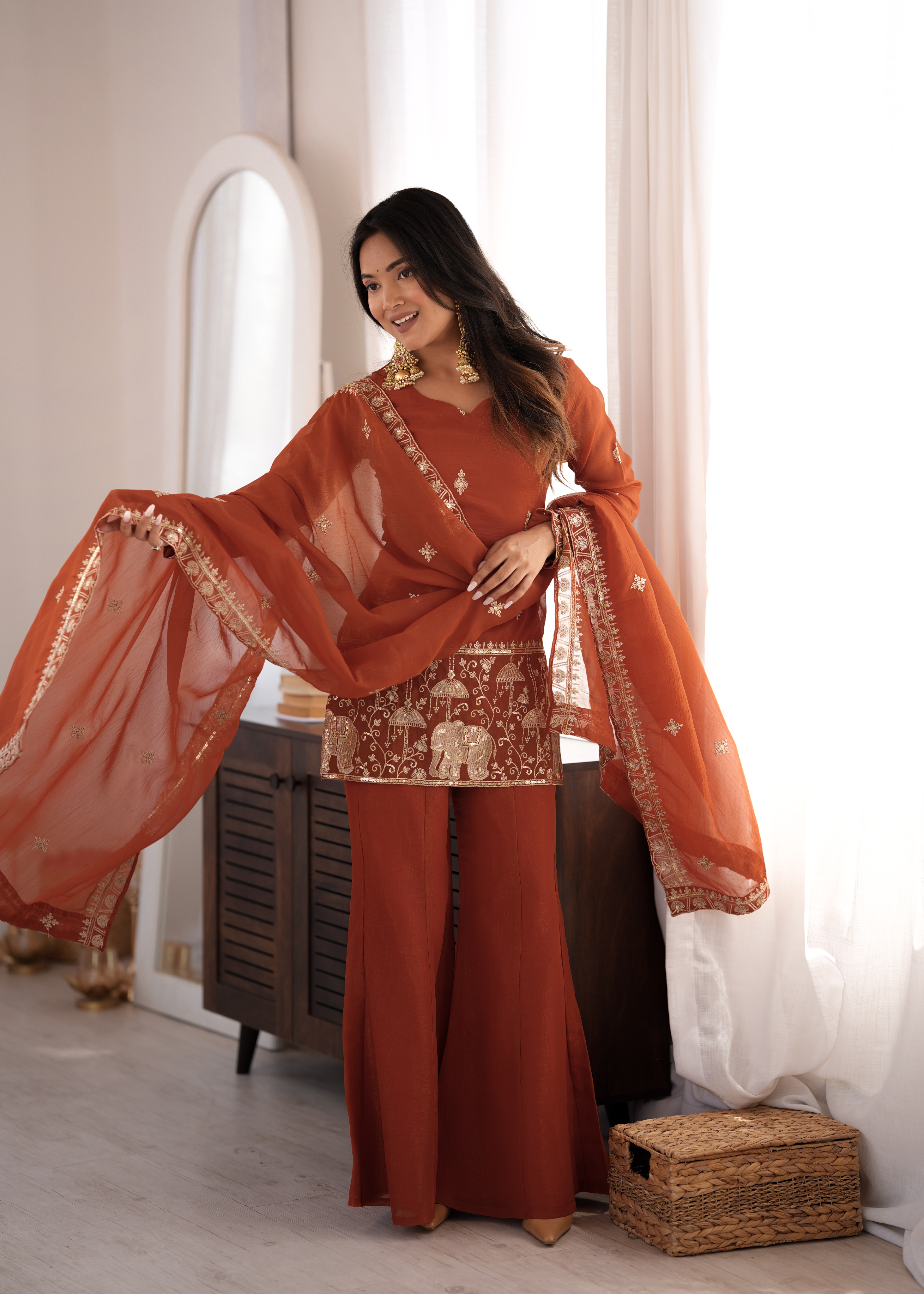 Premium Crunchy Silk Embroidered Bell Bottom Set