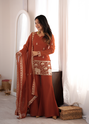 Premium Crunchy Silk Embroidered Bell Bottom Set