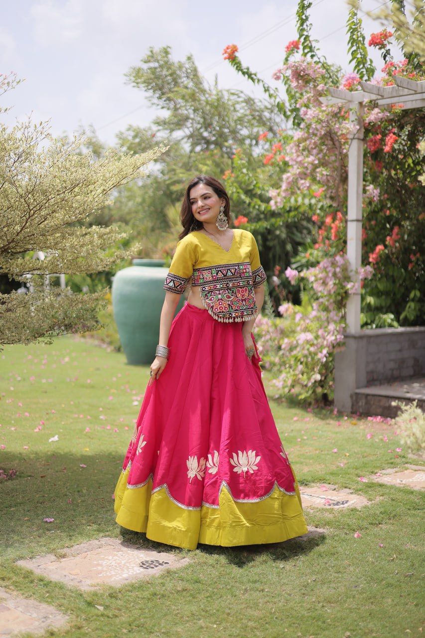 Premium Roman Fabric Navratri Lehenga Choli with Gota & Mirror Work