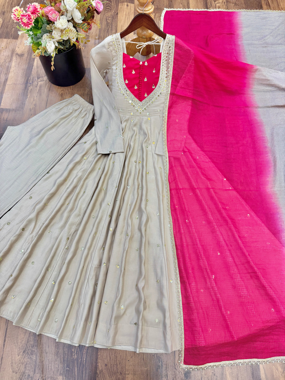 Premium Roman Silk Anarkali Gown with Embroidery, Sequin & Real Mirror Work