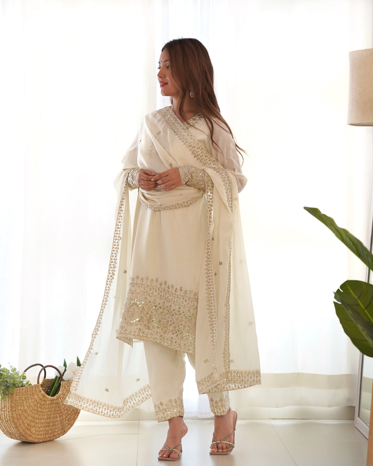 Premium Chinon Silk Straight Fit Kurta Set with Embroidery, Sequin & Jari Work