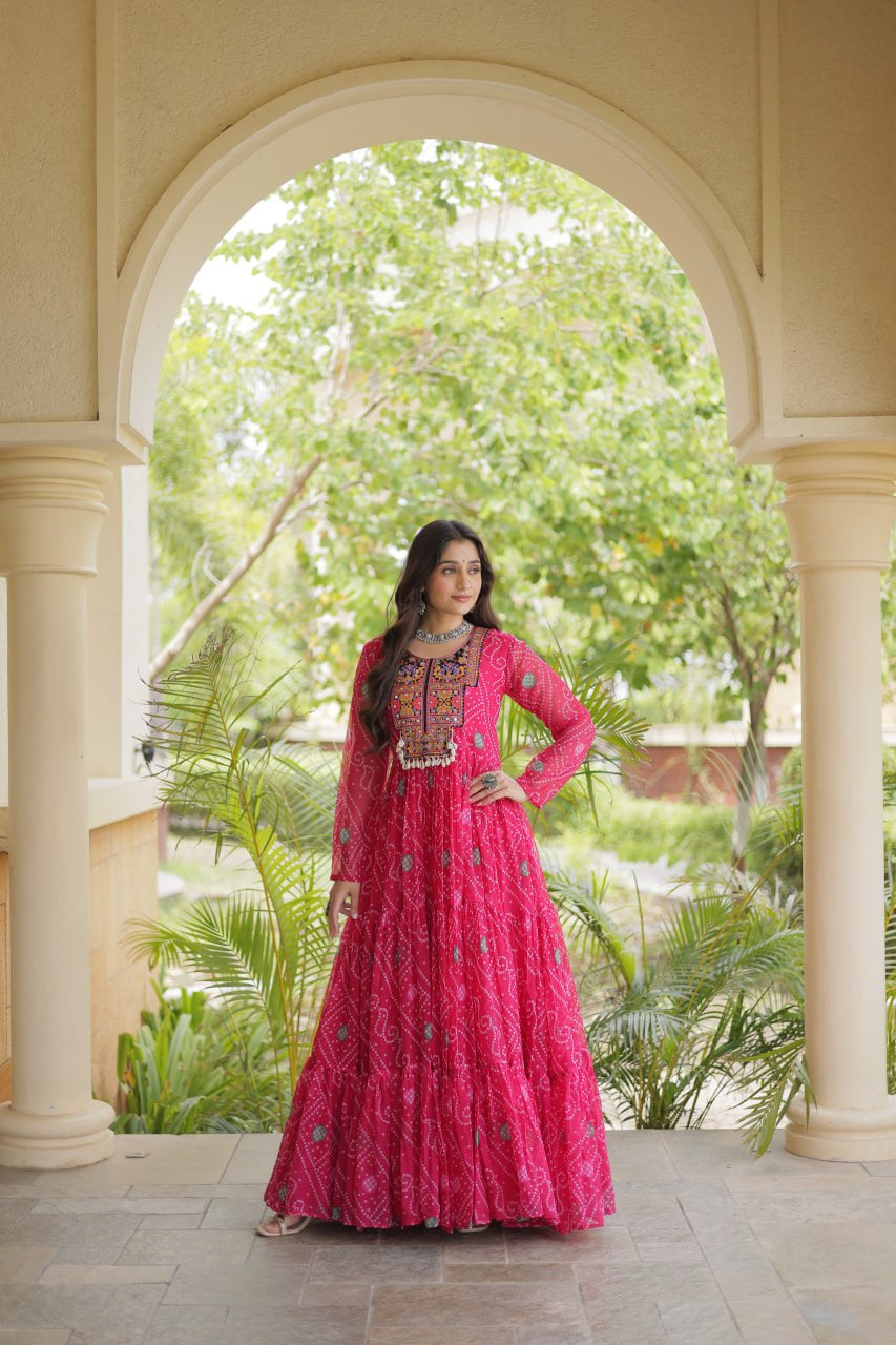 Premium Faux Georgette Navratri Gown with Bandhani Print & Kutchi Patchwork