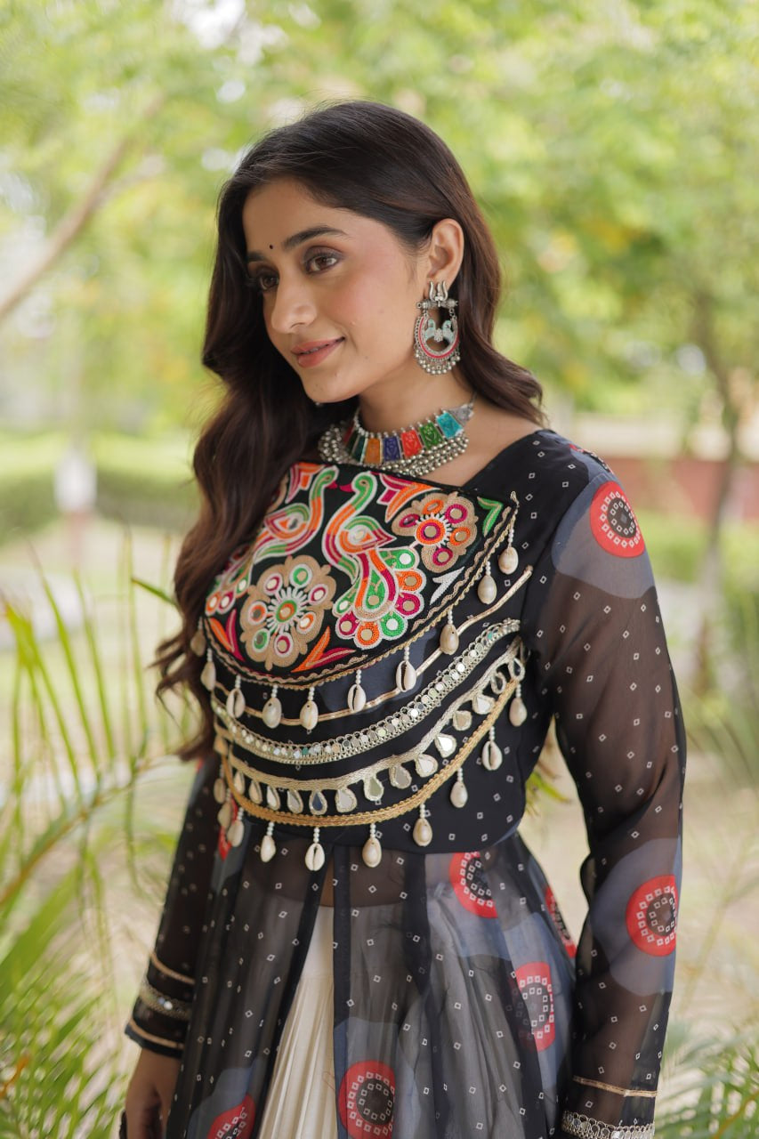 Premium Kora Cotton Navratri Lehenga with Bandhani Print & Kutchi Patchwork Kurti