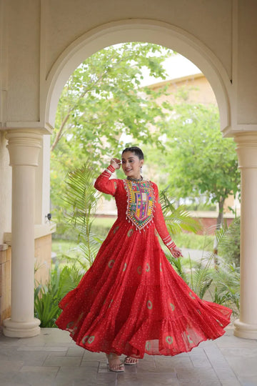 Premium Faux Georgette Navratri Gown with Bandhani Print & Kutchi Patchwork