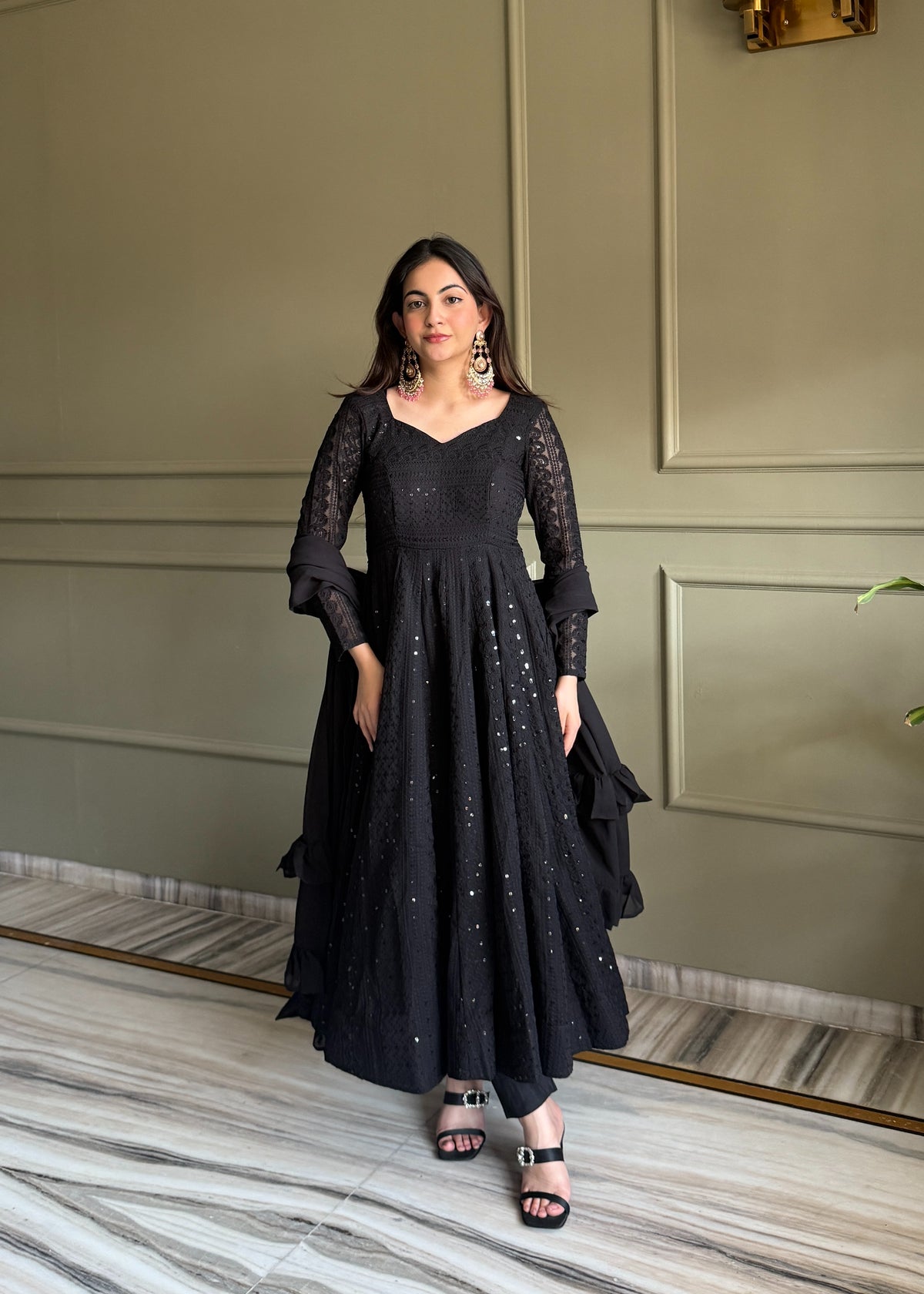 Premium Lukhnowi Fox Georgette Anarkali Suit Set with Sequin & Thread Work