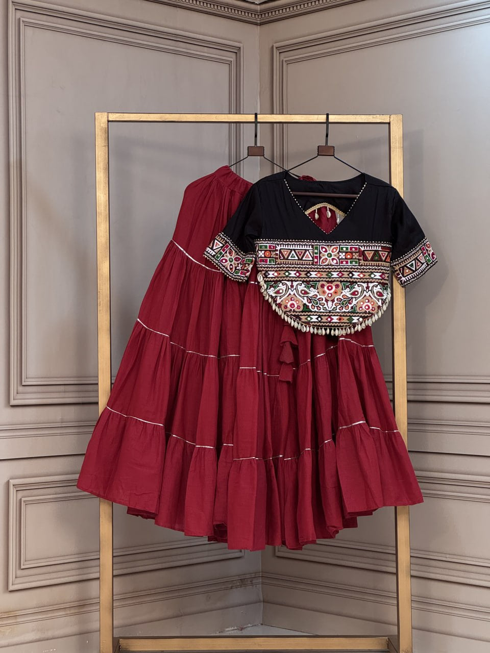 Premium Kora Cotton Navratri Lehenga Choli with Standard Frill & Kutchi Patchwork Blouse