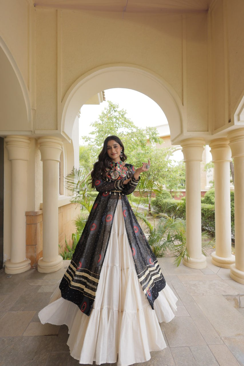 Premium Kora Cotton Navratri Lehenga with Bandhani Print & Kutchi Patchwork Kurti