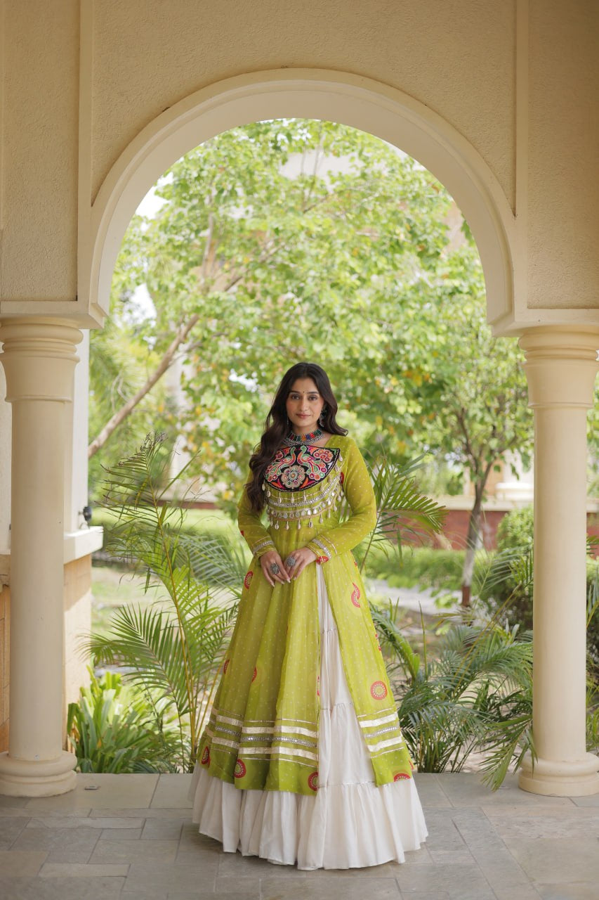 Premium Kora Cotton Navratri Lehenga with Bandhani Print & Kutchi Patchwork Kurti