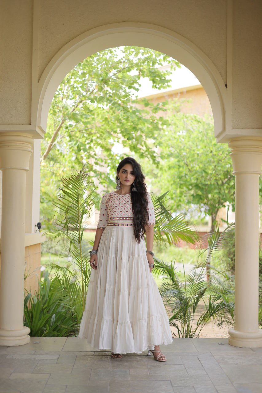 Premium Kora Cotton Embroidered Navratri Gown with Gota Patti & Mirror Work | ByRavina