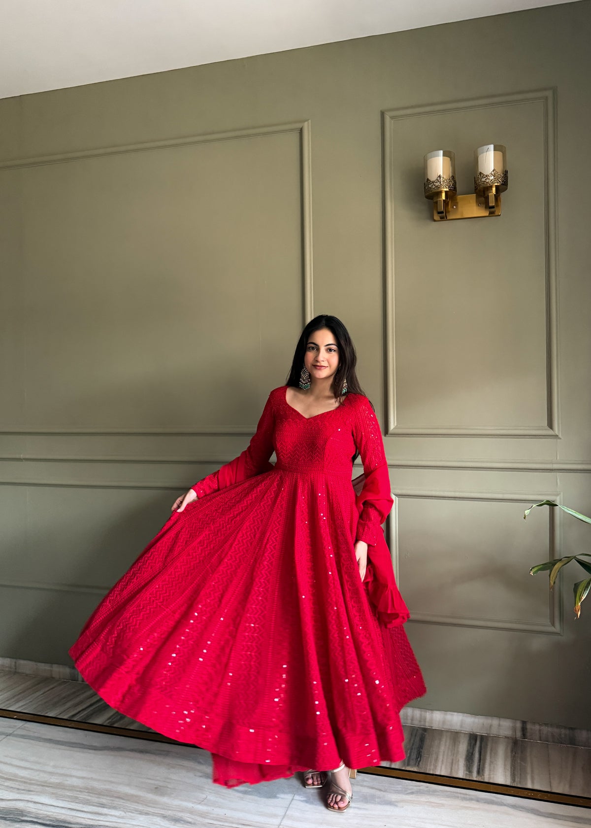 Premium Lukhnowi Fox Georgette Anarkali Suit Set with Sequin & Thread Work