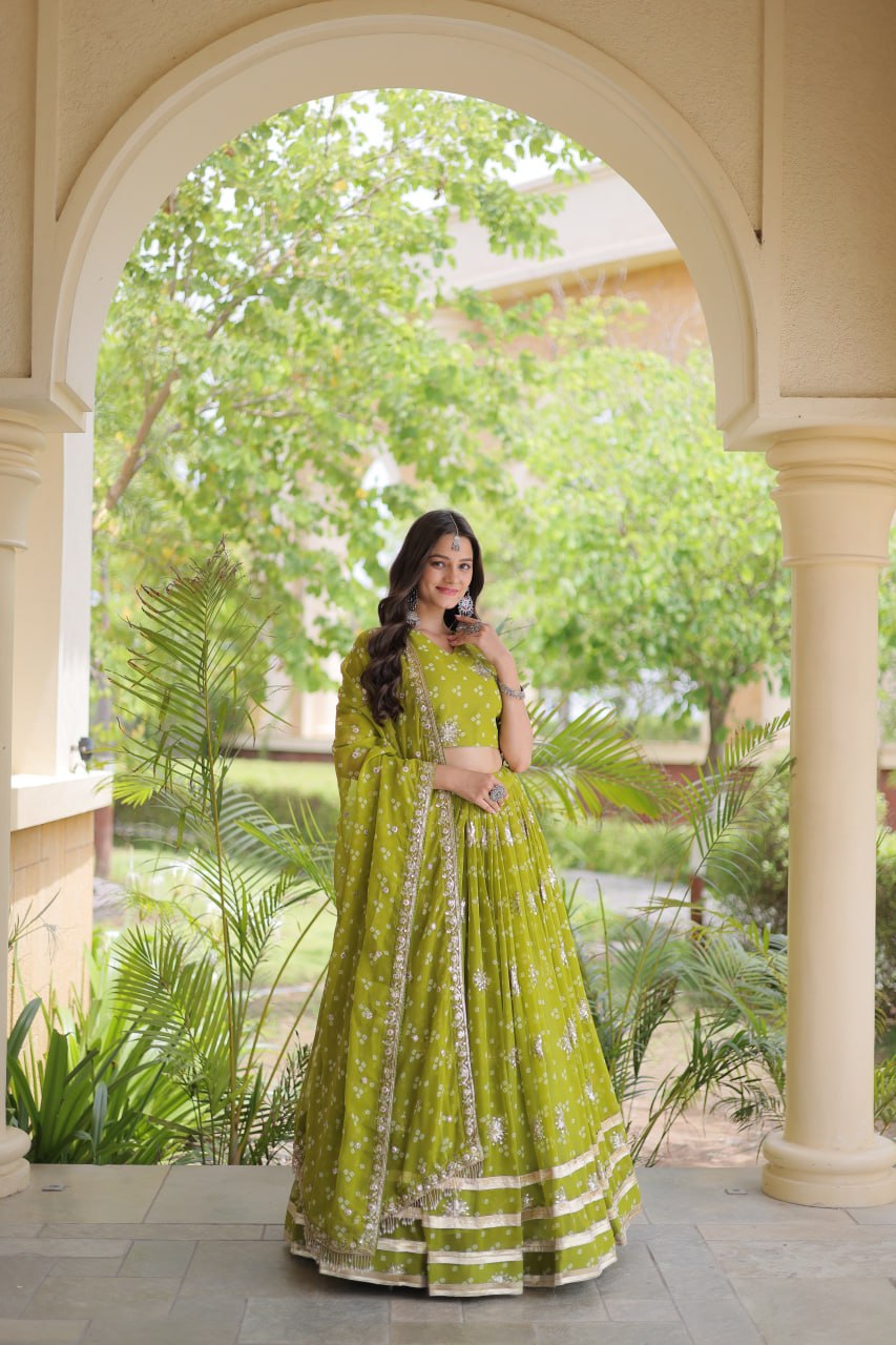 Premium Faux Georgette Bandhej Print Lehenga Choli with Embroidery & Dupatta