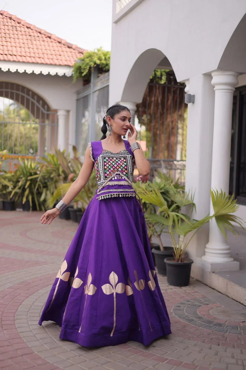 Premium Roman Silk Navratri Lehenga Choli with Pan-Patti Gota & Mirror Lace Work
