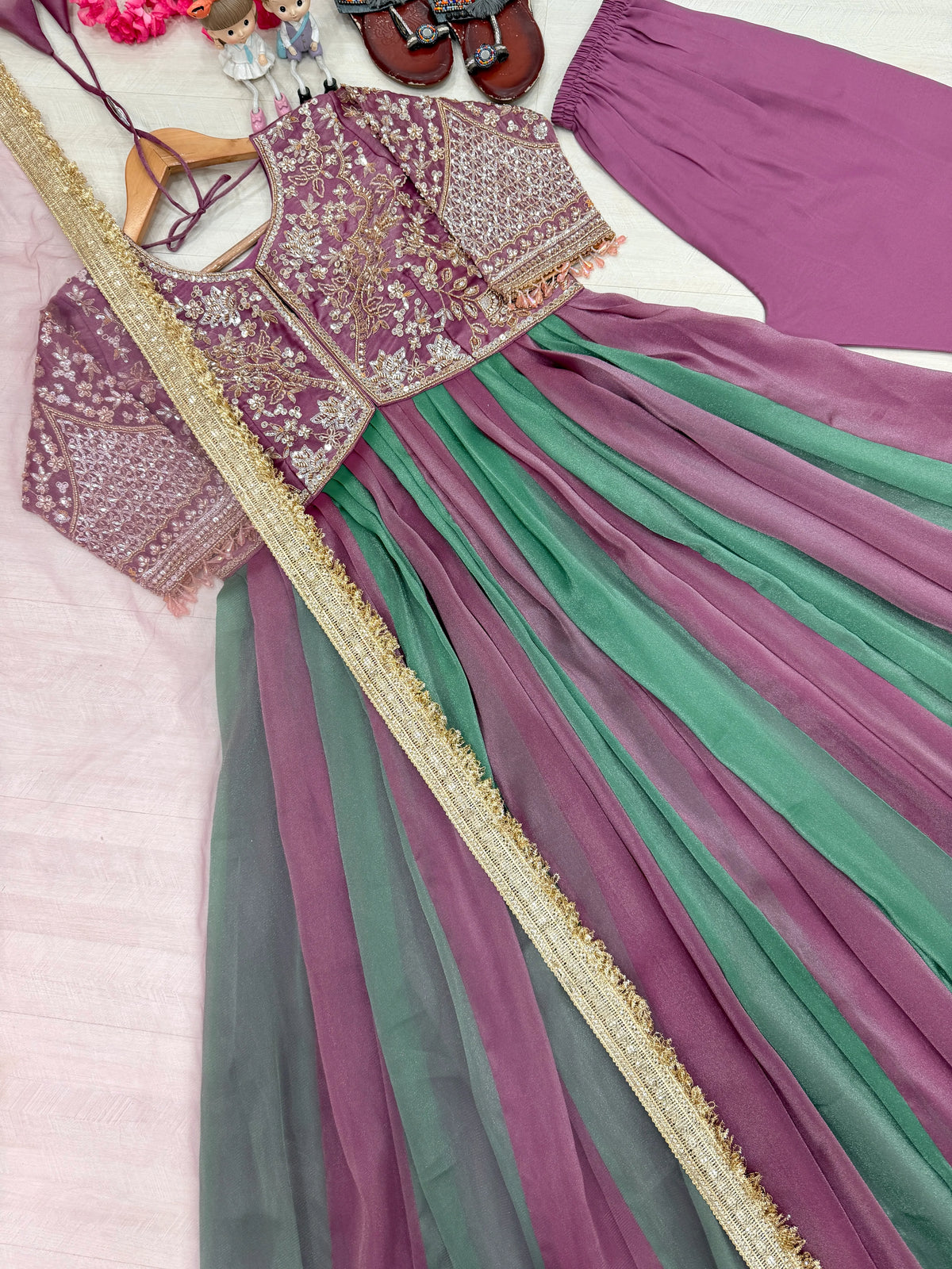 Premium NC Moss Silk Gown with Embroidery, Beads & Tassel Sleeves