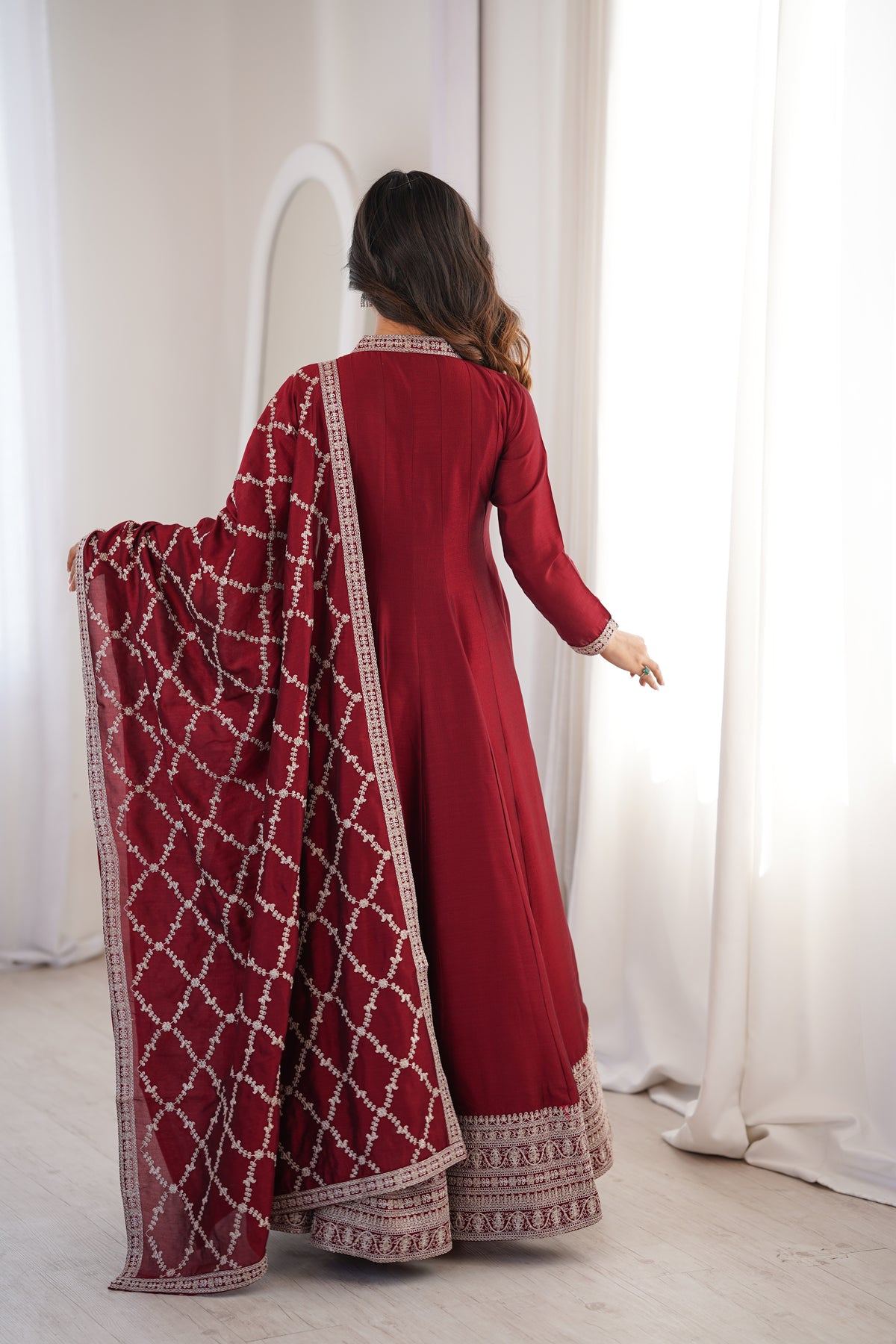 Premium Blooming Vichitra Silk Anarkali Gown with Embroidery, Sequin, Dori & Jari Work
