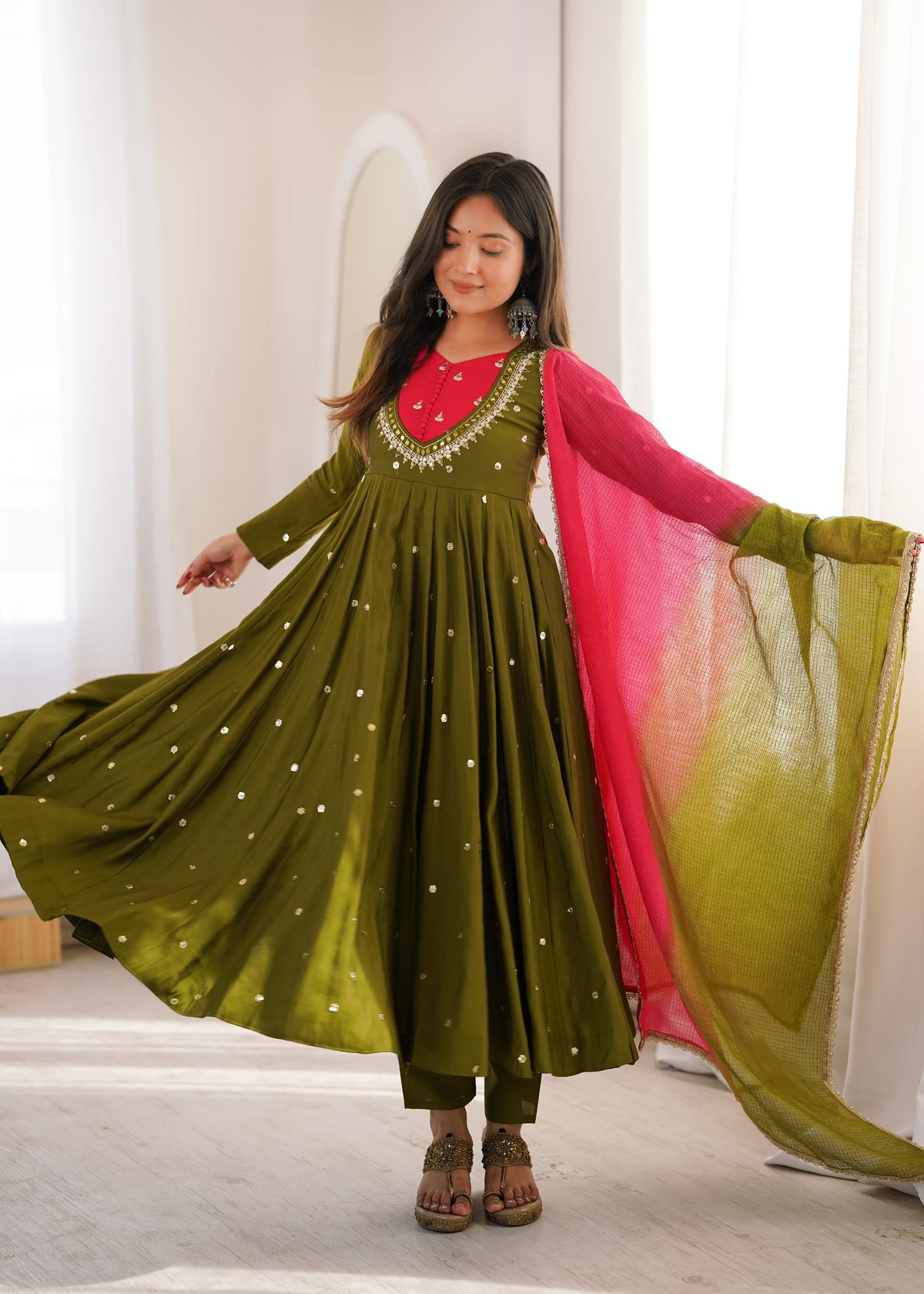 Premium Roman Silk Anarkali Gown with Embroidery, Sequin & Real Mirror Work