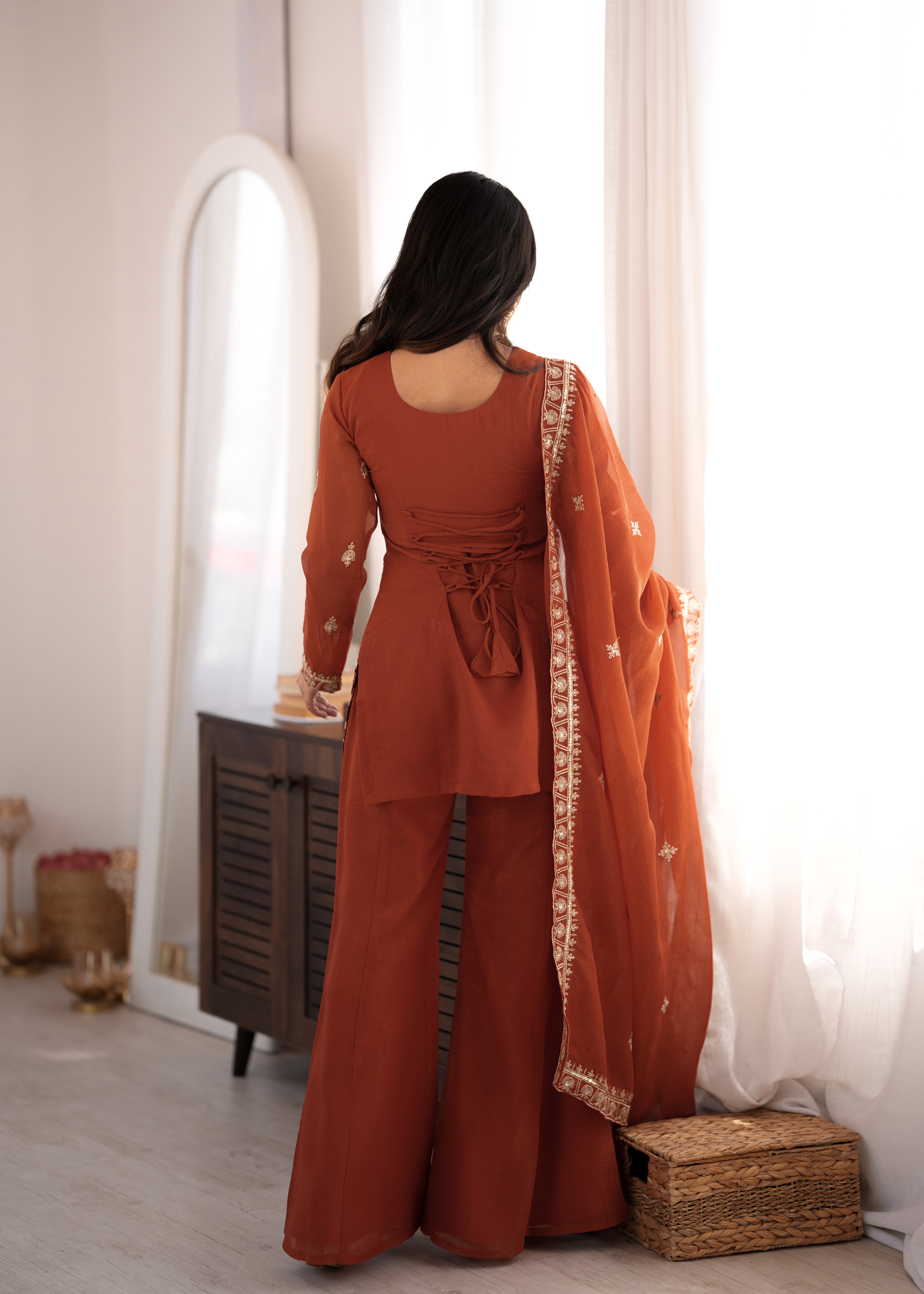 Premium Crunchy Silk Embroidered Bell Bottom Set