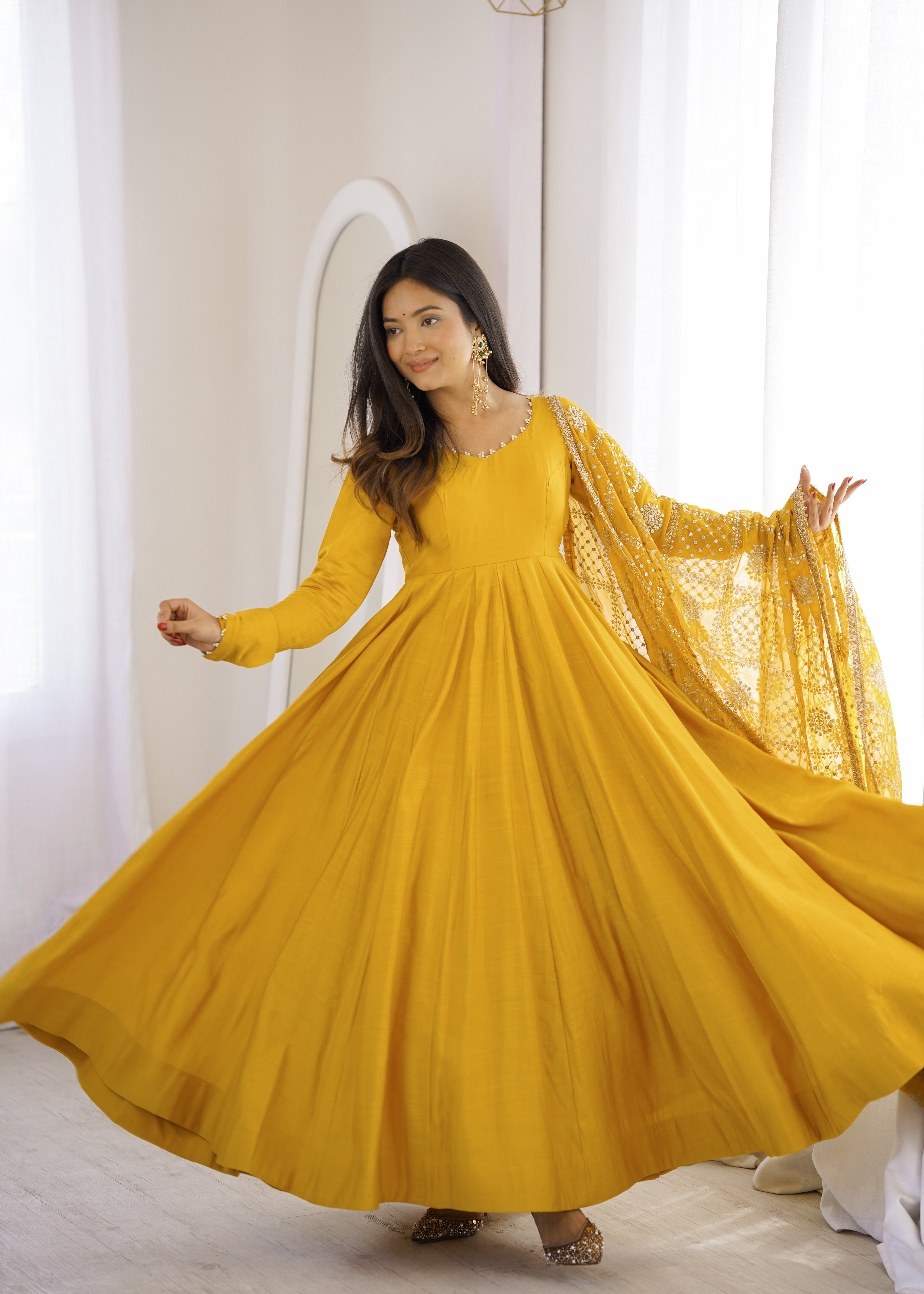 Premium Pure Romansilk Chanderi Fully Flared Anarkali Gown Set