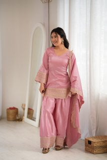 Premium Glass Roman Silk Embroidered Farshi Shalwar Set with Dupatta