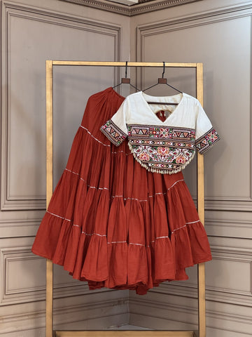 Premium Kora Cotton Navratri Lehenga Choli with Standard Frill & Kutchi Patchwork Blouse