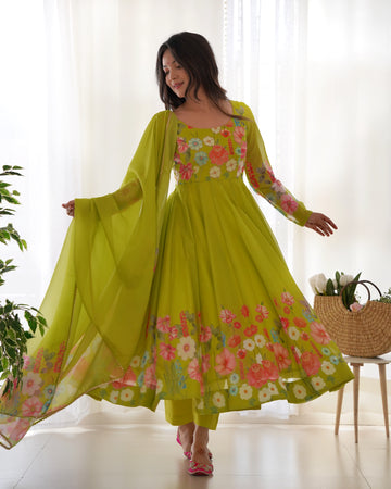 Premium Organza Silk Printed Anarkali Suit Set with Badla Jari & Gota Patti Work