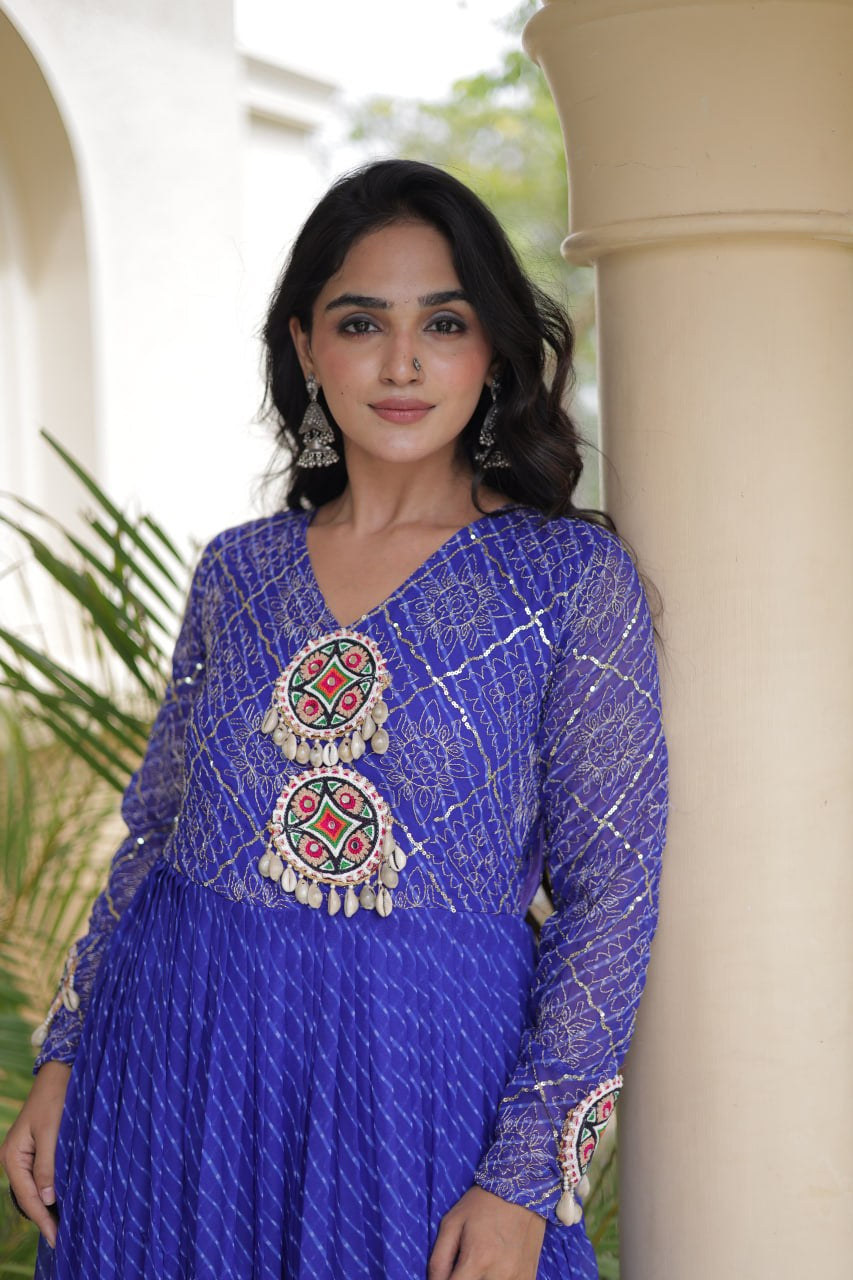 Premium Faux Georgette Navratri Gown with Laheriya Print & Kutchi Patchwork