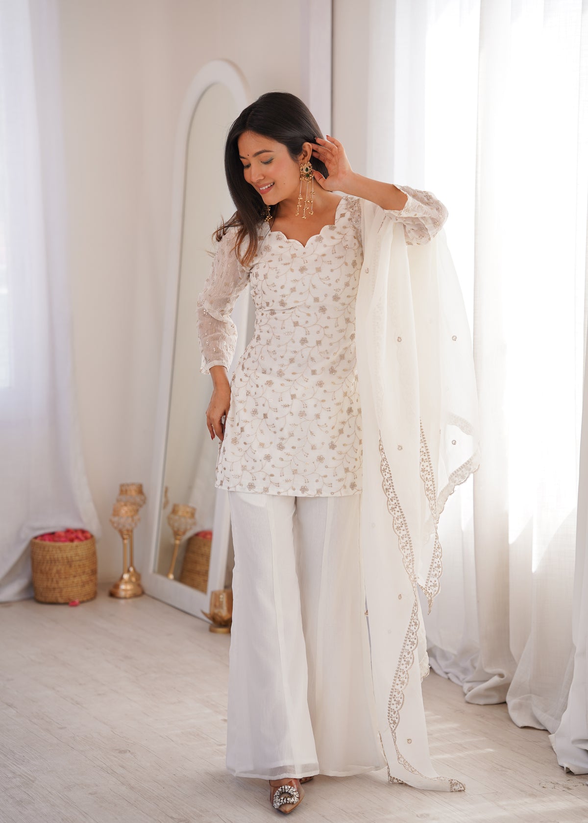 Premium Crunchy Silk Top Pant Set with Embroidery, Sequin & Jari Work