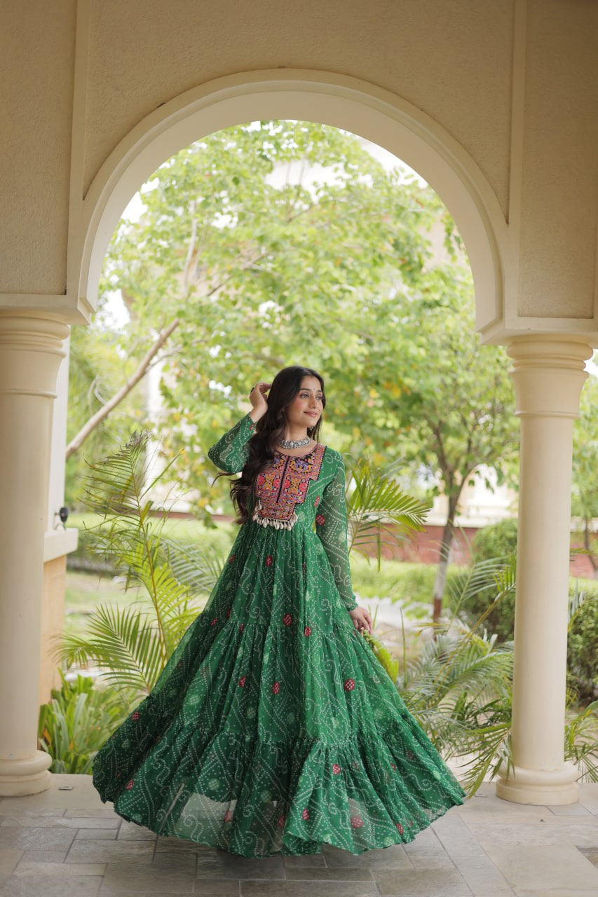 Premium Faux Georgette Navratri Gown with Bandhani Print & Kutchi Patchwork