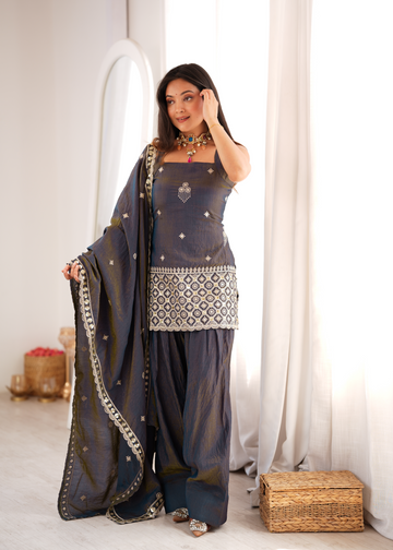 Premium NC Vichitra Silk Embroidered Farshi Shalwar Set