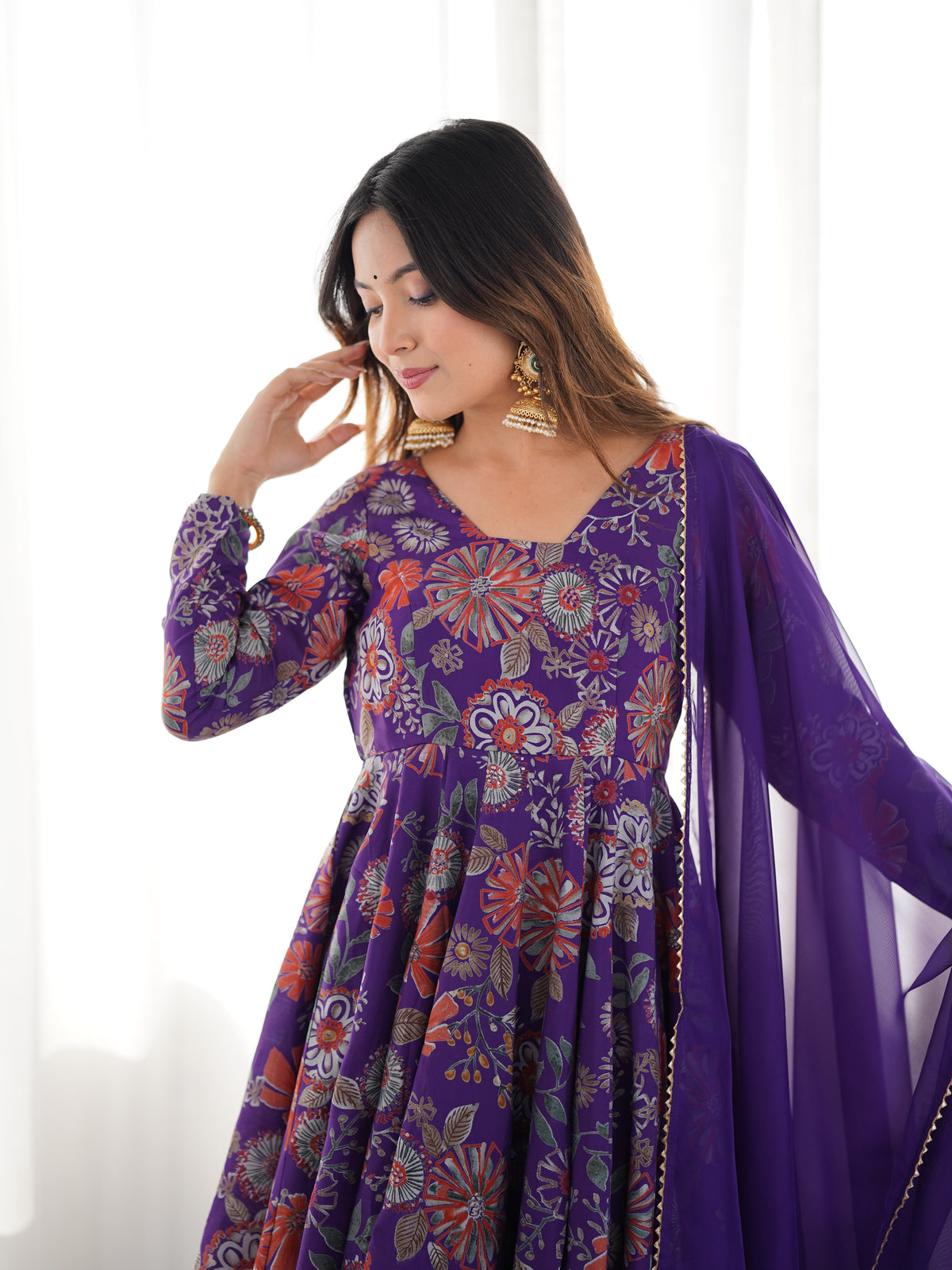 Premium Roman Silk Chanderi Discharge Print Kediya Kurta Set with Organza Dupatta & Palazzo