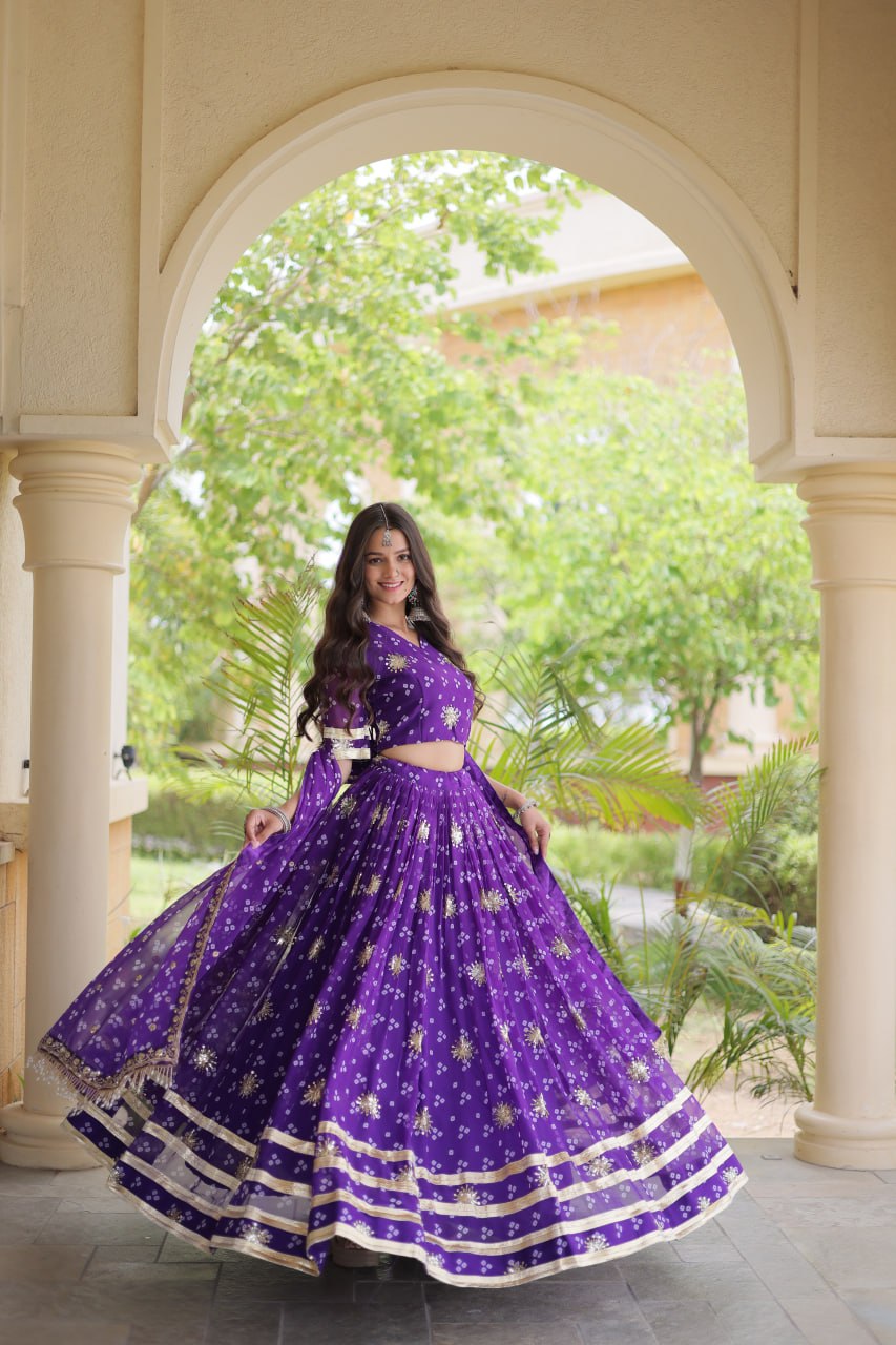 Premium Faux Georgette Bandhej Print Lehenga Choli with Embroidery & Dupatta