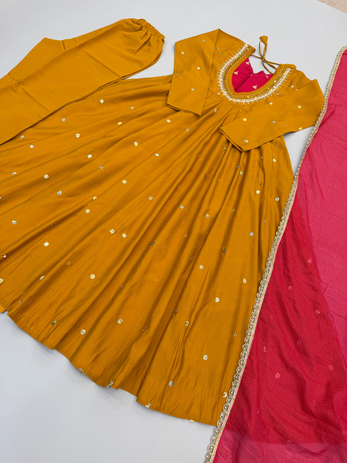 Premium Roman Silk Anarkali Gown with Embroidery, Sequin & Real Mirror Work