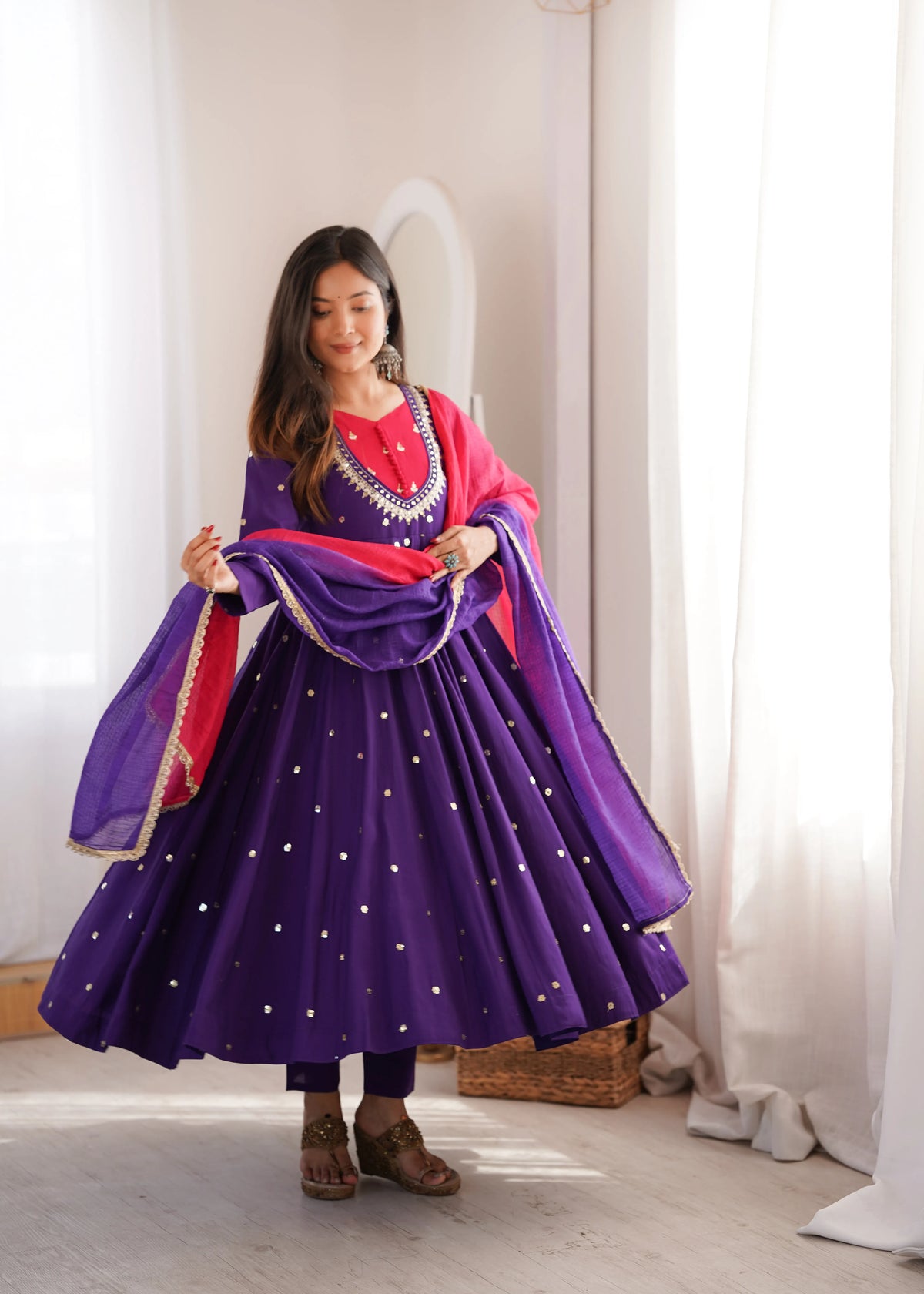 Premium Roman Silk Anarkali Gown with Embroidery, Sequin & Real Mirror Work