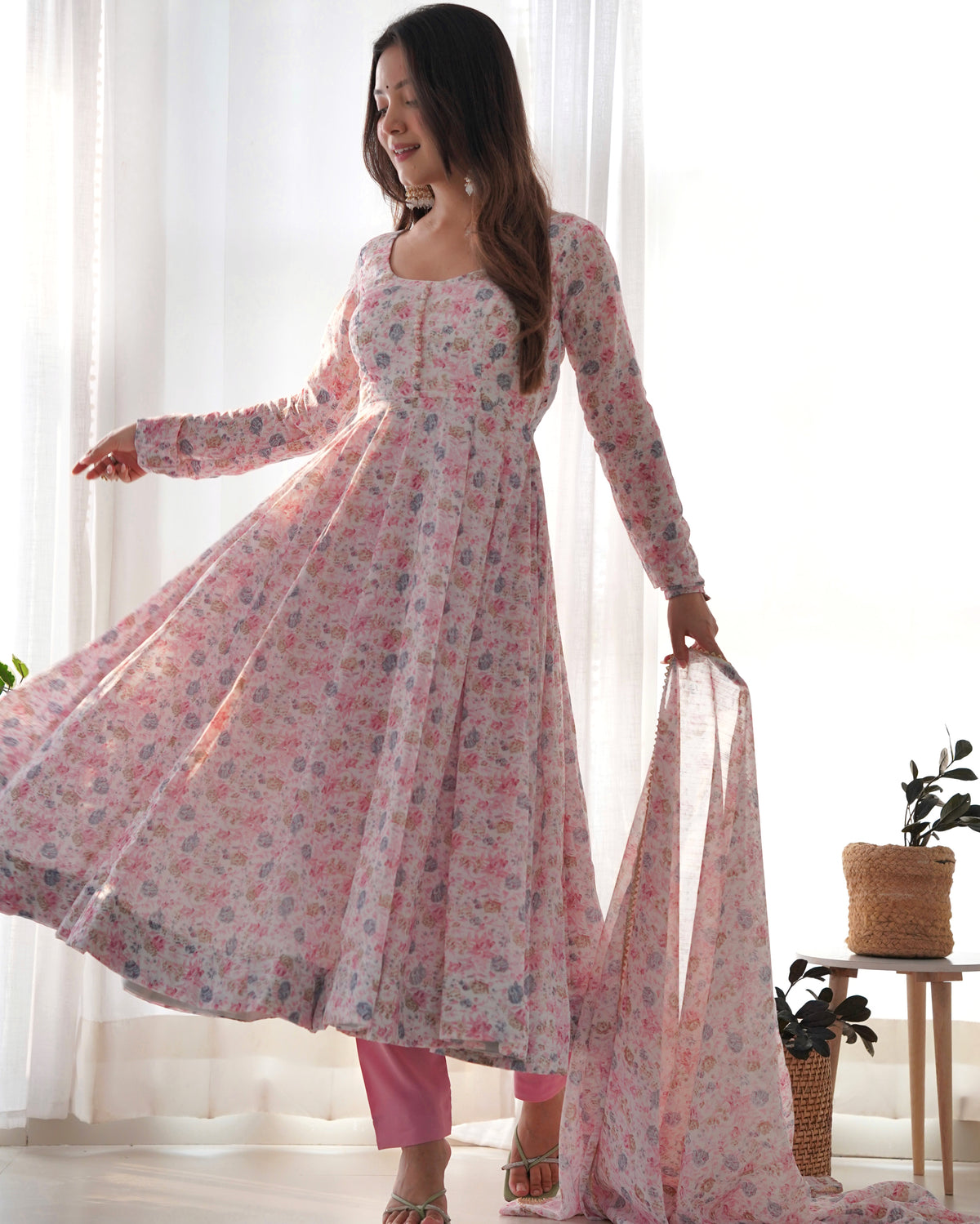 Premium Orange Chiffon Floral Print Anarkali Suit with Potli Buttons, Padded Design & Lace Dupatta