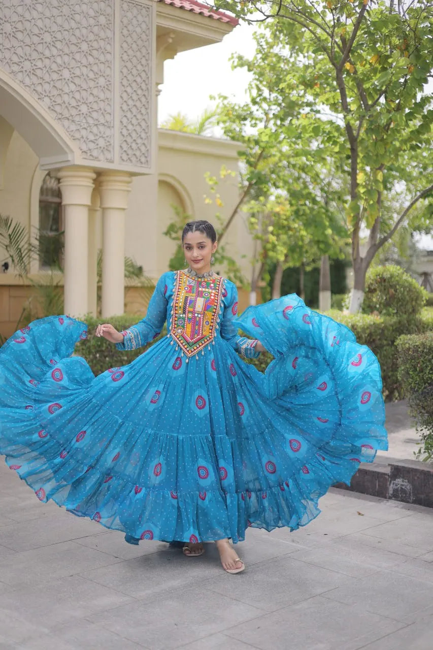Premium Faux Georgette Navratri Gown with Bandhani Print & Kutchi Patchwork
