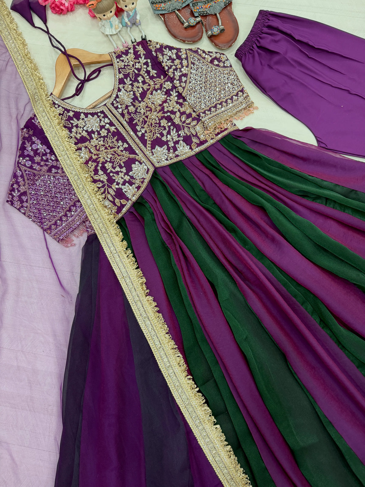 Premium NC Moss Silk Gown with Embroidery, Beads & Tassel Sleeves