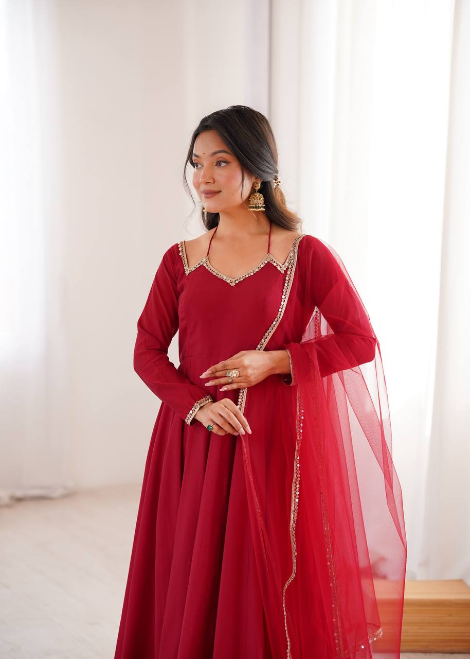 Premium Roman Silk Chanderi Anarkali Gown Set with Dupatta & Pant