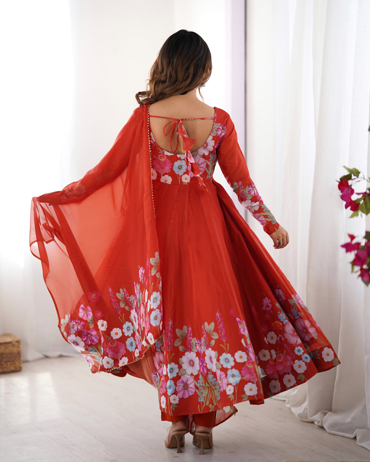 Premium Organza Silk Printed Anarkali Suit Set with Badla Jari & Gota Patti Work